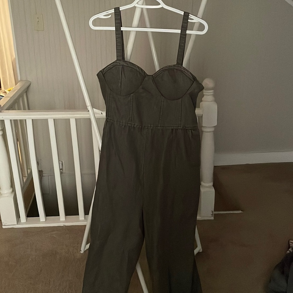 Very long and flowy grey with bell bottoms jumpsuit from B.O.G Collective.